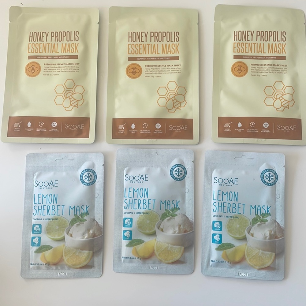 Korean Skincare Face Masks Bundle of 6: Soo’AE Honey Mask and Lemon Sherbet Mask